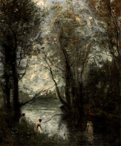 Jean-Baptiste Camille Corot - Les trois baigneuses. Free illustration for personal and commercial use.