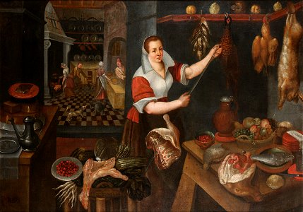 Jean-Baptiste de Saive (circle) Kitchen interior with maid 1563. Free illustration for personal and commercial use.