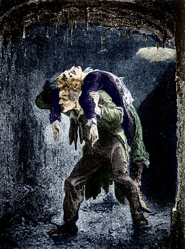 Jean Valjean porte Marius dans l'intestin du Léviathan
