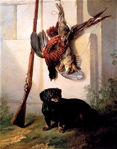 Jean-Baptiste Oudry - Hound with Gun and Dead Game - WGA16780. Free illustration for personal and commercial use.