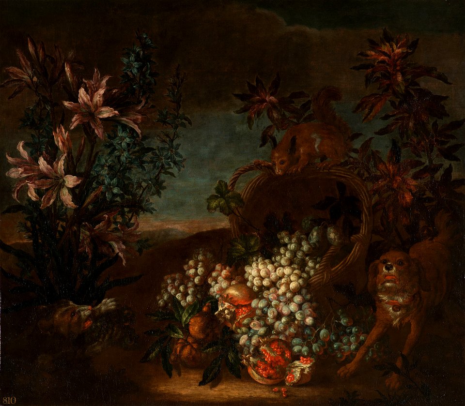 Jean-Baptiste Monnoyer (1636-99) - Still Life with Squirrel, Flowers and Fruit in a Landscape - RCIN 407826 - Royal Collection