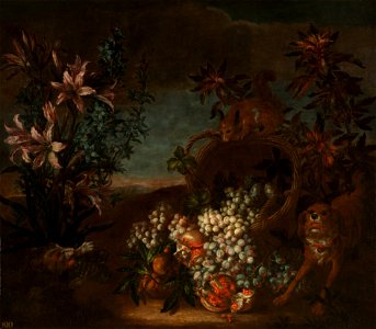 Jean-Baptiste Monnoyer (1636-99) - Still Life with Squirrel, Flowers and Fruit in a Landscape - RCIN 407826 - Royal Collection
