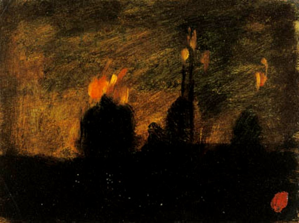 Jean-Baptiste Carpeaux - Nattestemning med ildebrande i St-Vast-là-haut nær Valenciennes. - KKShm1976-351 - Statens Museum for Kunst