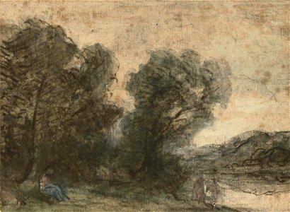 Jean-Baptiste-Camille Corot - A peasant sitting on a riverbank beneath some trees