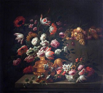 Jean-Baptiste Monnoyer (1636-1699) (style of) - Tulips, Roses and Other Flowers in a Golden Vase and in a Porcelain Bowl, and Fruit on a Pedestal - 493605 - National Trust