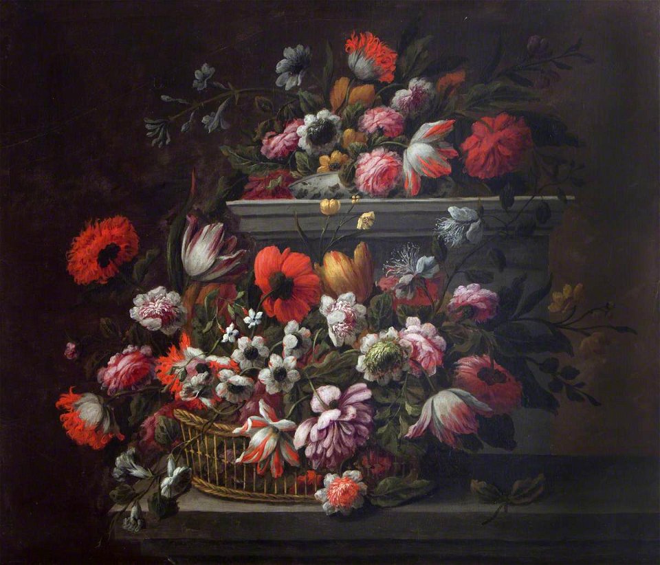 Jean-Baptiste Monnoyer (1636-1699) (style of) - Tulips, Poppies, Roses and Other Flowers in a Basket, and a Porcelain Bowl - 493603 - National Trust