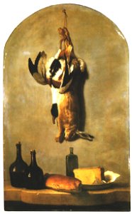 Jean-Baptiste Oudry - Still Life with Hare, Duck, Loaf of Bread, Cheese and Flasks of Wine. Free illustration for personal and commercial use.