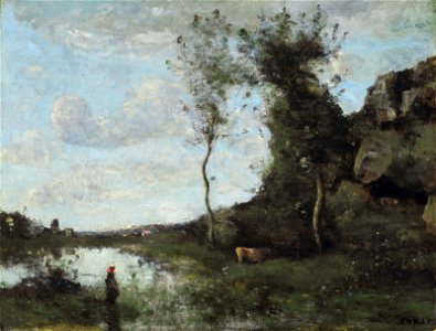 Jean-baptiste-camille corot une paysanne et sa vache a la mare en vue). Free illustration for personal and commercial use.