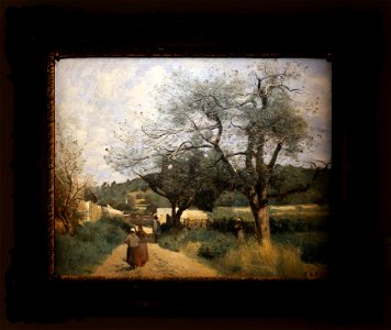 Jean-baptiste-camille corot, marcoussis, strada attraverso i campi, 1865-70 ca