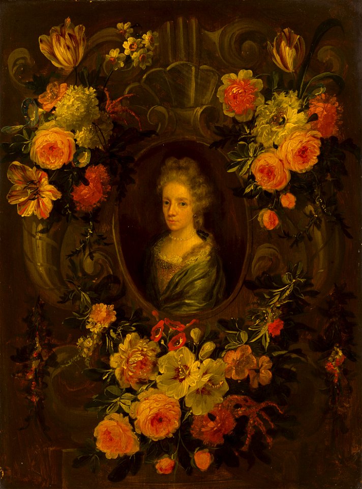 Jean-Baptiste Morel (Attr.) - Portrait of a Lady Encircled by a Wreath of Flowers