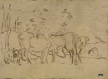 Jean-François Millet (1814-1875) (forgery in the manner of) - Landscape with Cows, Cowherd and Dog - P.1965.XX.270 - Courtauld Institute of Art. Free illustration for personal and commercial use.