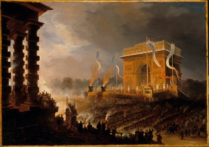 Jean-Jacques Champin - Fête de la Fraternité à l'arc de triomphe de l'Étoile , défilé après la distribution des drapeaux, le soir du 20 avril 1848 - P41 - Musée Carnavalet