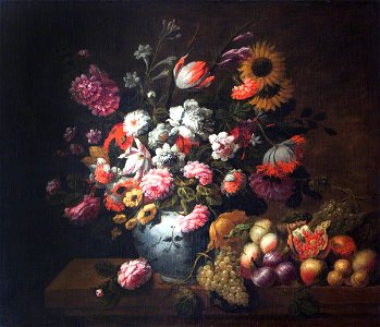 Jean-Baptiste Monnoyer (1636-1699) (style of) - Tulips, Roses and Other Flowers in a Porcelain Bowl, and Fruit, on a Ledge - 493604 - National Trust
