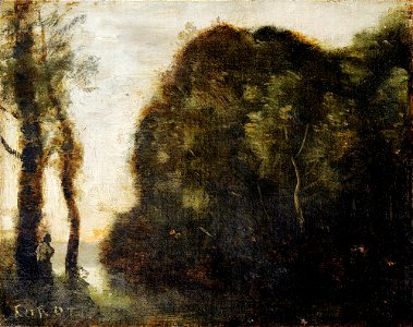 Jean-Baptiste-Camille Corot - Massif d'Arbres au soleil couchant. Free illustration for personal and commercial use.