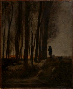 Jean-François Millet - Shepherd and Flock at the Edge of the Forest, Evening - 17.1490 - Museum of Fine Arts. Free illustration for personal and commercial use.
