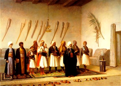 Jean-Leon-Gerome-Prayer-In-The-House-Of-An-Arnaut-Chief. Free illustration for personal and commercial use.