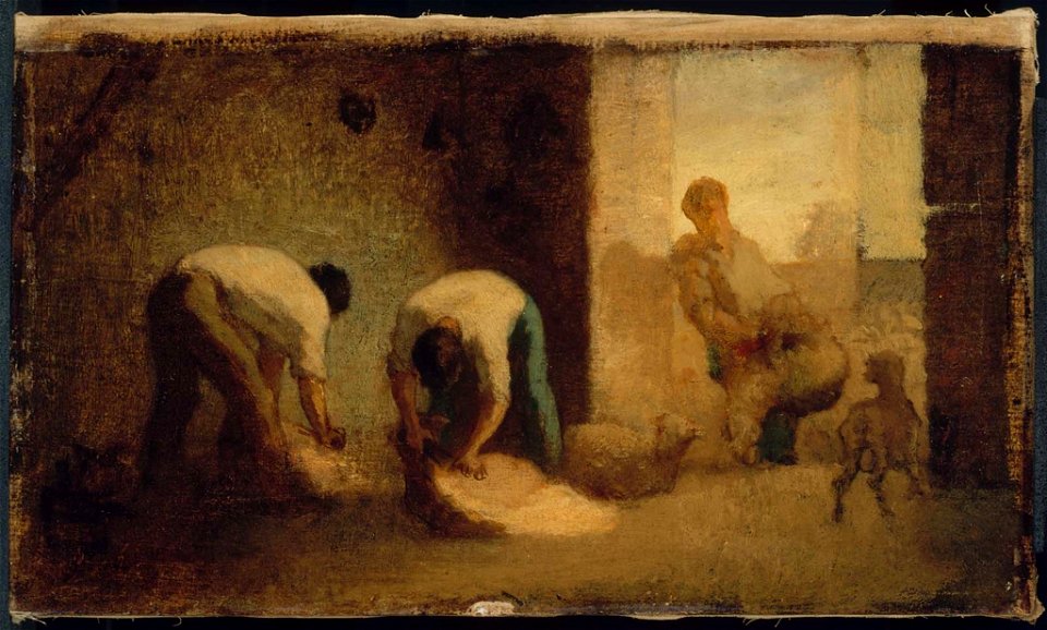 Jean-François Millet - Three Men Shearing Sheep in a Barn - 2000.1221 - Museum of Fine Arts