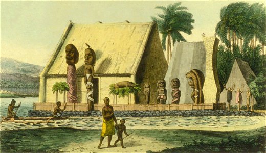 Jean-Pierre Norblin de La Gourdaine (after Louis Choris), Temple du Roi dans la baie Tiritatéa (c. 1816, published 1822)