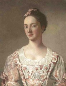 Jean-Étienne Liotard - Portrait d'une dame, jeune en buste, dans une robe rose ornés de rosettes. Free illustration for personal and commercial use.