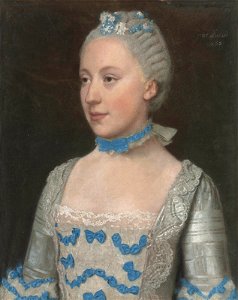 Jean-Étienne Liotard - Portrait de Madame Saint-Pol, demi-longueur, dans une robe bleu clair orné de nœuds de soie bleu et blanc en dentelle