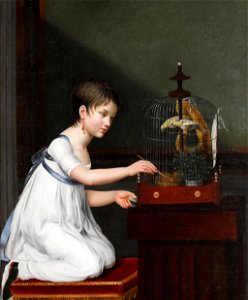 Jeanne-Elisabeth Chaudet - A young girl kneeling by a bird cage while tending to her birds. Free illustration for personal and commercial use.
