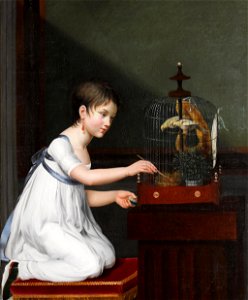 Jeanne-Elisabeth Chaudet - A young girl kneeling by a bird cage while tending to her birds