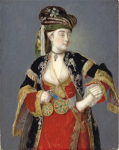 Jean-Étienne Liotard - Portrait présumé de Laura Tarsi en habit à la turque. Free illustration for personal and commercial use.