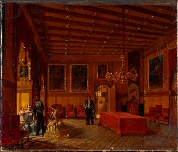 Jeanette Möller - Gripsholms slott, interiör Konungens audiens med porträtt av Karl XV (1826-1872) hans gemål Lovisa (1828-1871) samt deras dotter Lovisa (1851-1926) - NMGrh 4757 - Nationalmuseum