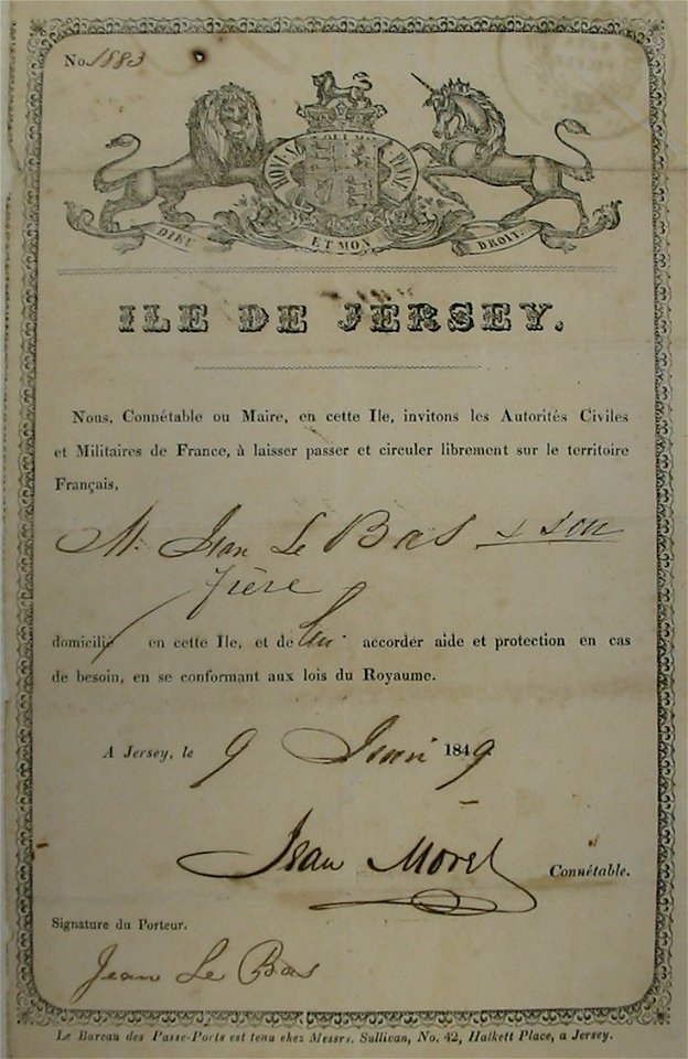 Jersey passport 1849 Le Bas