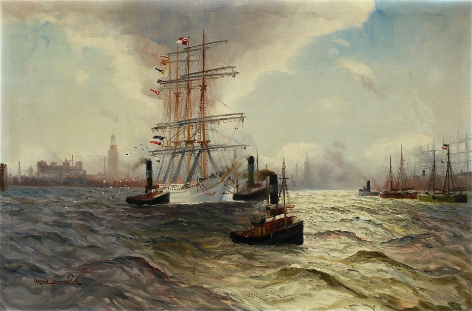Alfred Jensen - Der Hamburger Hafen mit Segelschiff und Schleppern