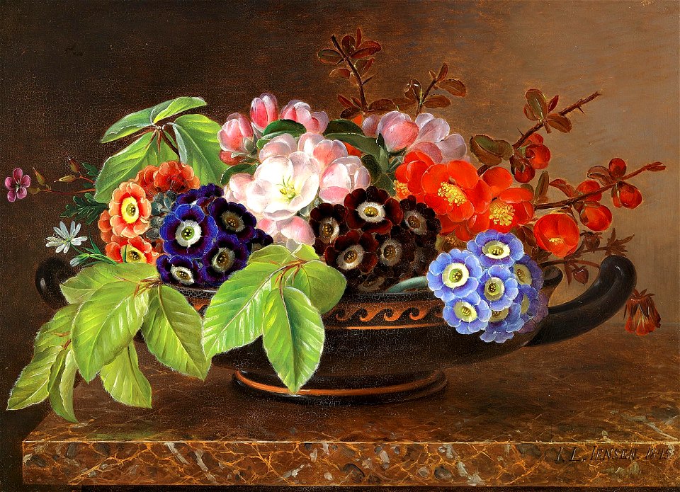 Johan Laurentz Jensen - Primula, blomstrende kvæde og nyudsprungne bøgegrene i en græsk skål på en marmorkarm - 1845