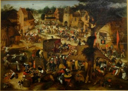 Jeremias Günther naar Peeter Baltens of naar Pieter Bruegel (I) of naar Pieter Brueghel (II) - Uitvoering van de klucht 'Een cluyte van Plaeyerwater of van den man diet water haalde' op een Vlaam - GG 3541 - Kunsthistorisches Museum