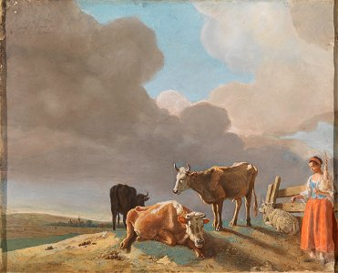 Jean-Étienne Liotard - Landschap met koeien, schapen en herderin