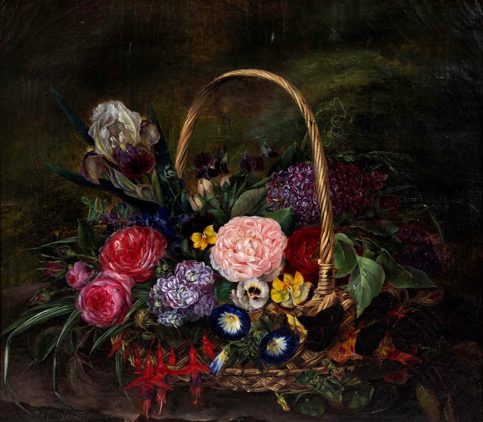 Still Life with Flowers in a Basket by Johan Laurentz Jensen, oil on canvas