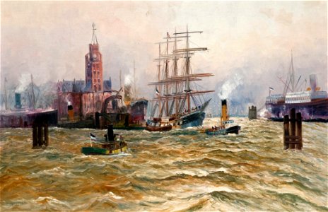 Alfred Jensen - Hamburger Hafen mit Schleppern und Viermastbark