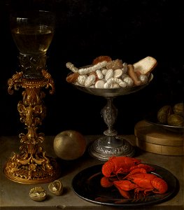 Jeremias van Winghe - A roemer on a silver-gilt bekerschroef, sweetmeats in a silver tazza, langoustines on a plate. Free illustration for personal and commercial use.