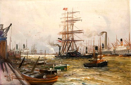 Alfred Jensen - Ein Großsegler wird in den Hafen geschleppt