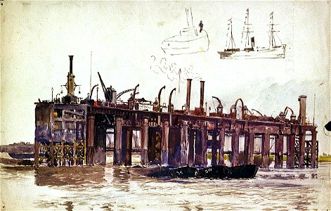 Jetty of Beckton Gasworks with very rough sketch of a ship and a tug RMG PW0949