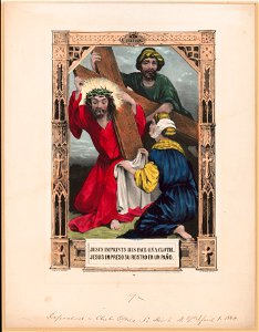 Jesus imprints his face on a cloth. - Jesus impreso su rostro en un paño. LCCN2002707667