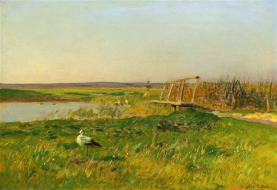 Eugen Jettel - Frühlingslandschaft mit Störchen an einem Weiher