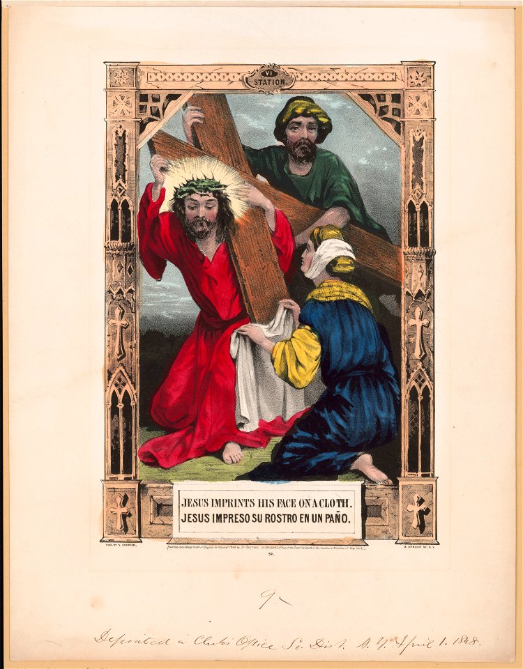 Jesus imprints his face on a cloth. - Jesus impreso su rostro en un paño. LCCN2002707667