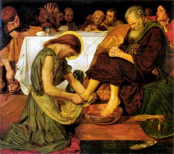 Jesus washing Peter's feet. Free illustration for personal and commercial use.