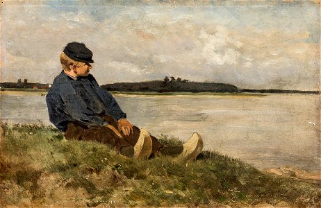 Jettel – Boy sitting by a river. Free illustration for personal and commercial use.