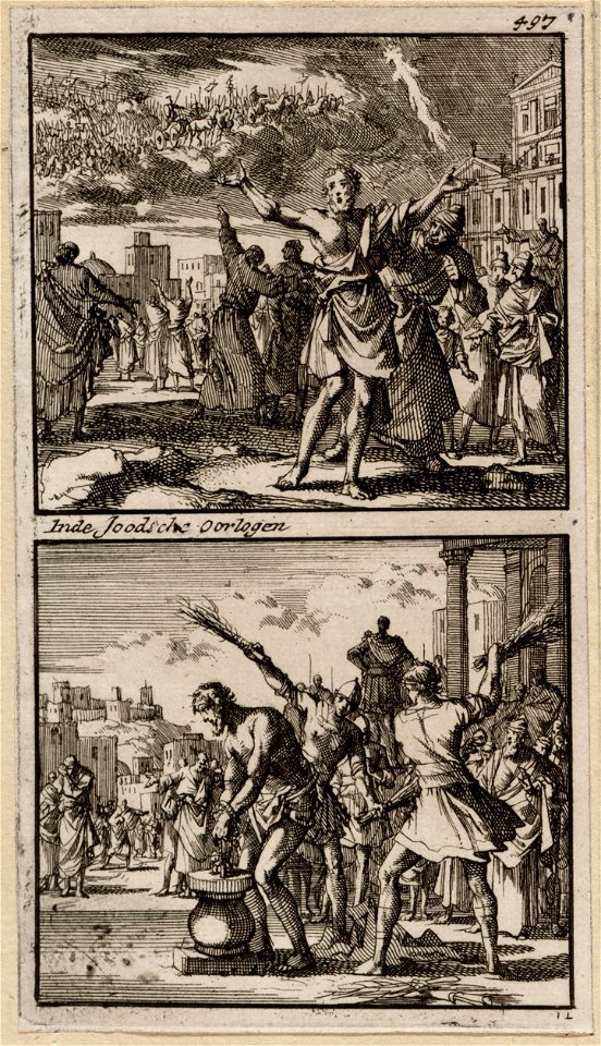 Jezus, Ananias´ zoon, weeklaagt over het lot van Jeruzalem, Jezus, Ananias´ zoon, door de Romeinen gegeseld, objectnr A 48175