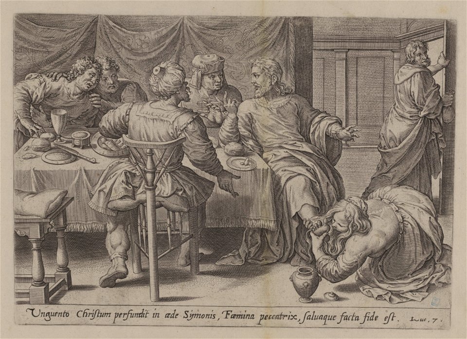 Jesus's feet anointed by a sinner 1585 print by Ambrosius Francken I, S.I 1071, Prints Department, Royal Library of Belgium