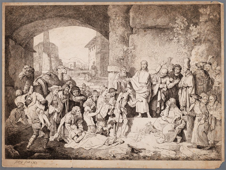 Jezus op een groot plein waar zieken tot hem worden gebracht, objectnr A 12453