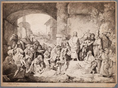 Jezus op een groot plein waar zieken tot hem worden gebracht, objectnr A 12453