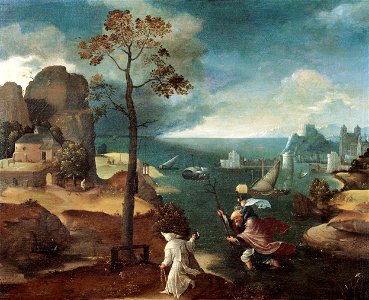 Joachim Patinir, St Christopher Bearing the Christ Child, Rockox House, Antwerp. Free illustration for personal and commercial use.