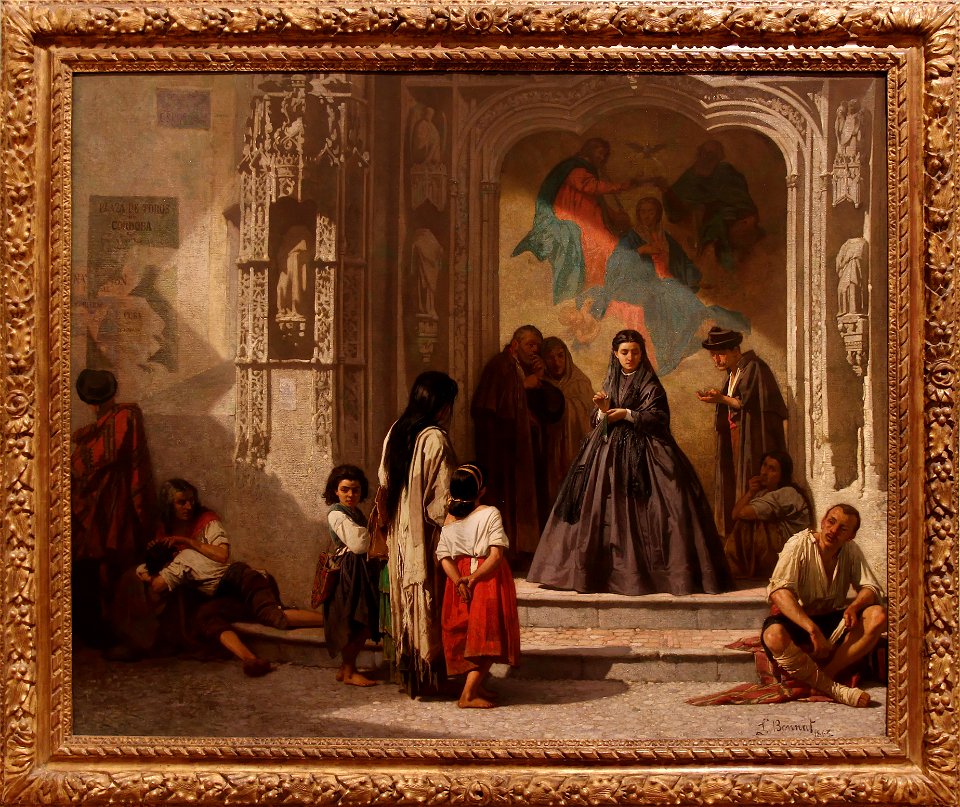 Jeune femme faisant la charité à l'entrée de la chapelle de l'hôpital San Sebastian à Cordoue (avec cadre), Léon Bonnat, Musée Goya