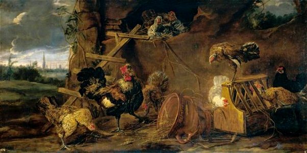 Joannes Fijt - Haan en kippen in een landschap, links een doorkijk naar een stad, vermoedelijk Antwerpen - P001526 - Museo del Prado